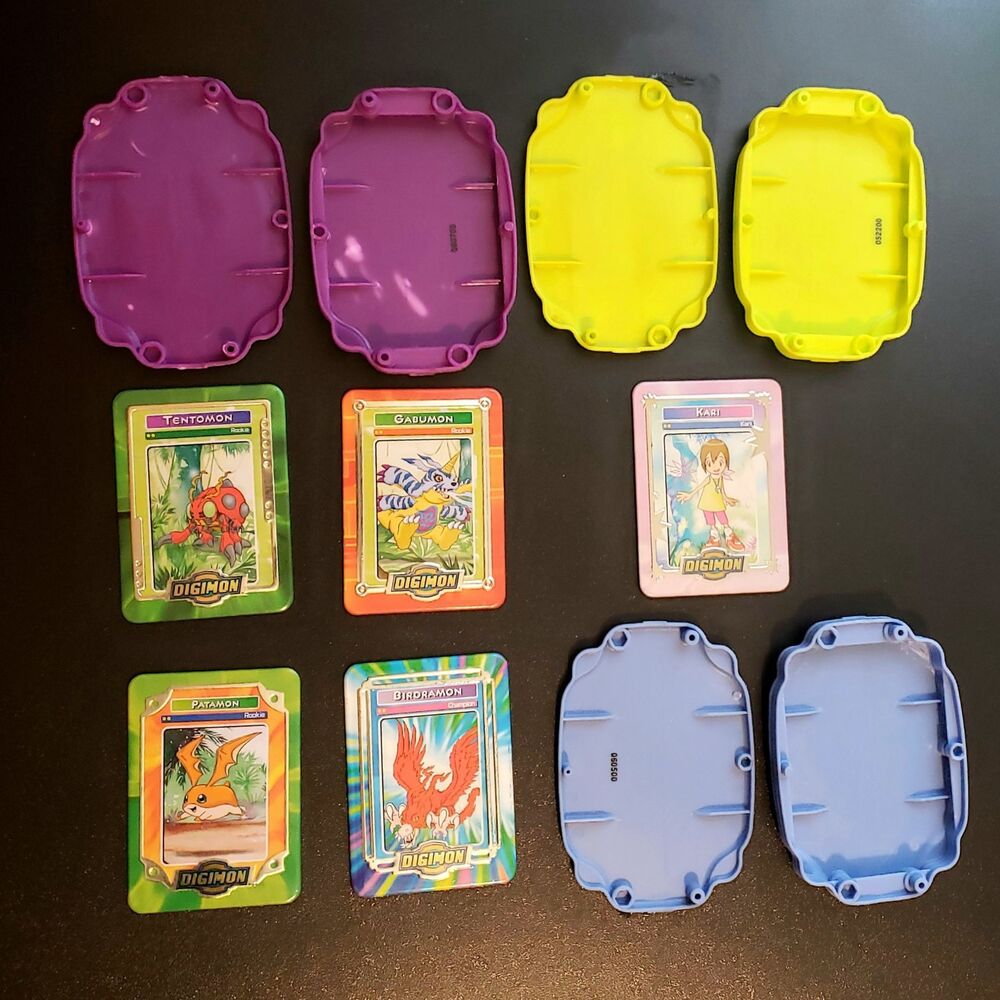 Vintage Digimon Digivice cases & 5 Metal Trading Cards Taco Bell  2000